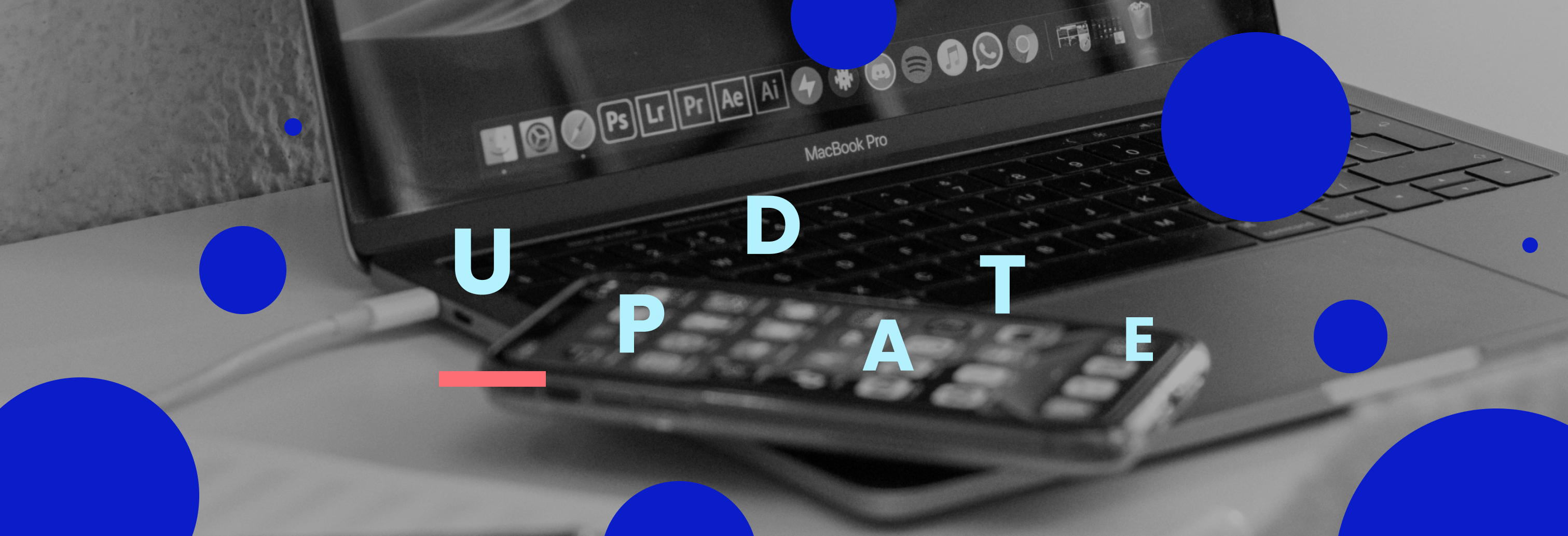 Image of a laptop and phone with overlayed circles and text displaying "update'