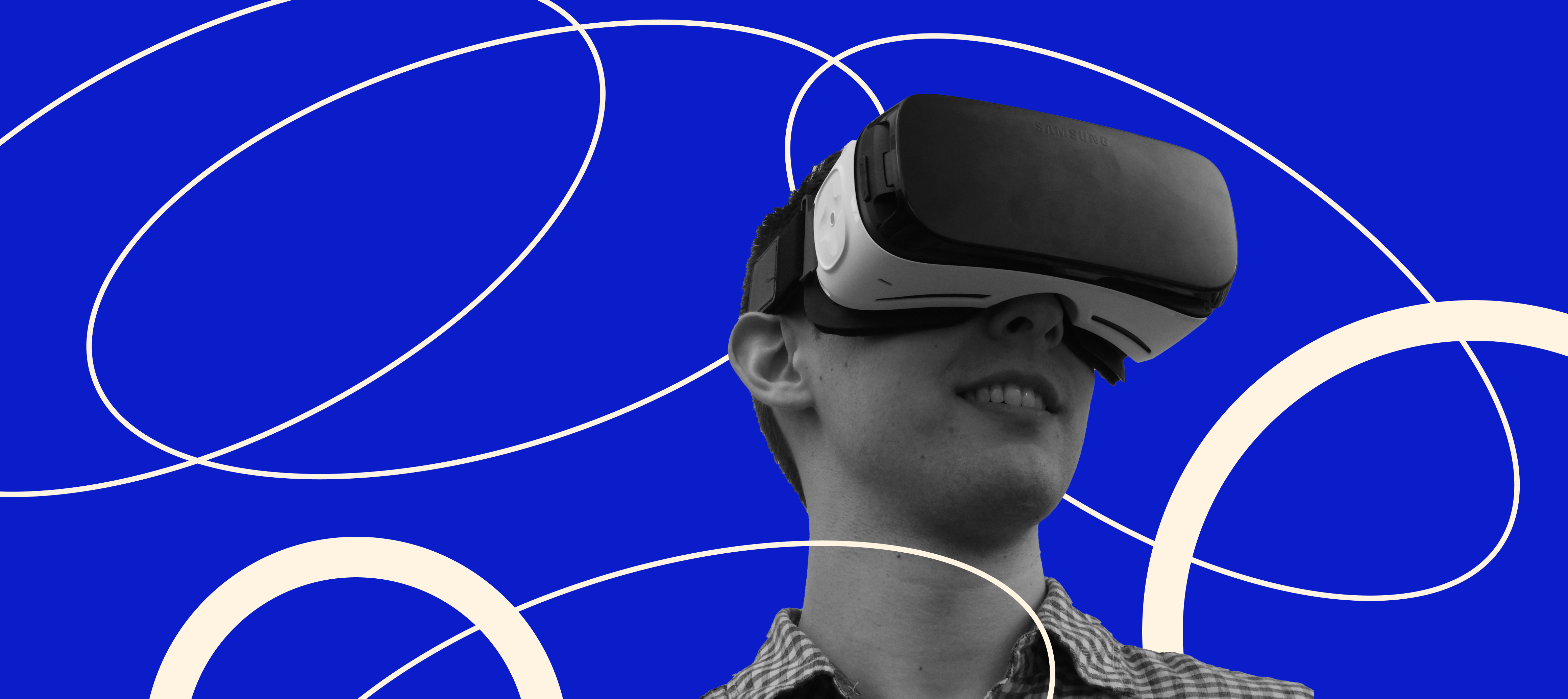 Image of a man wearing a VR headset with scribble illustrations overlayed