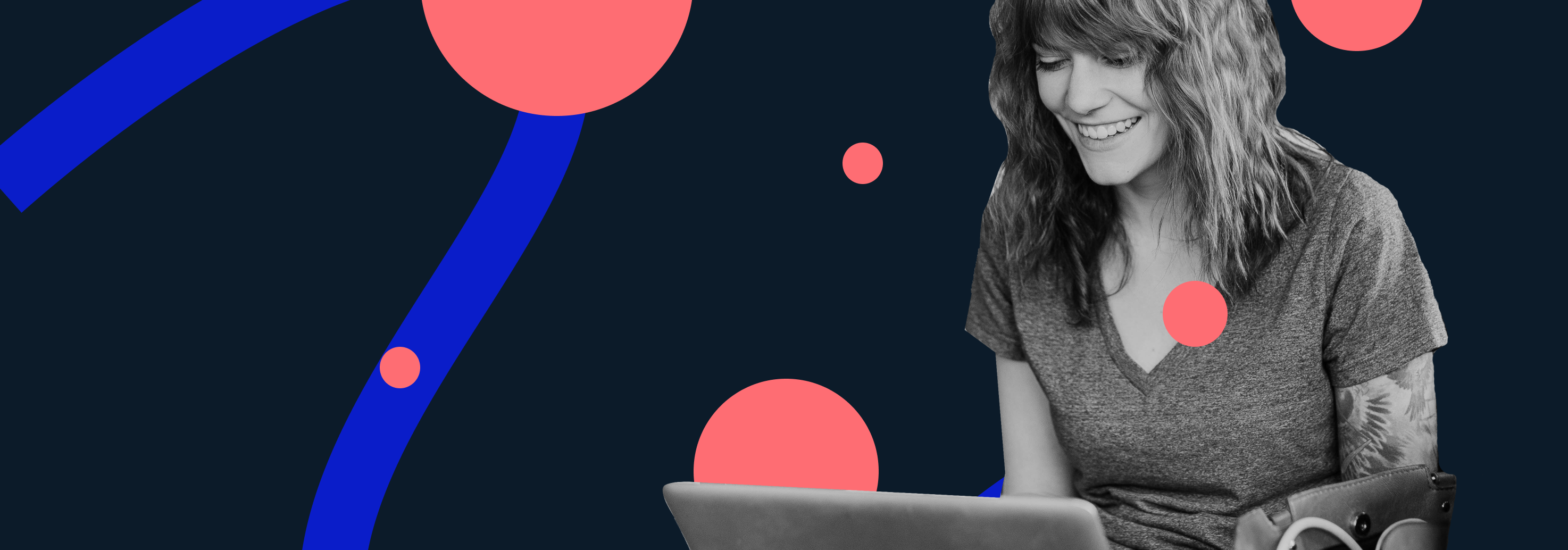Image of a woman on a laptop with circles and scribble illustrations overlayed