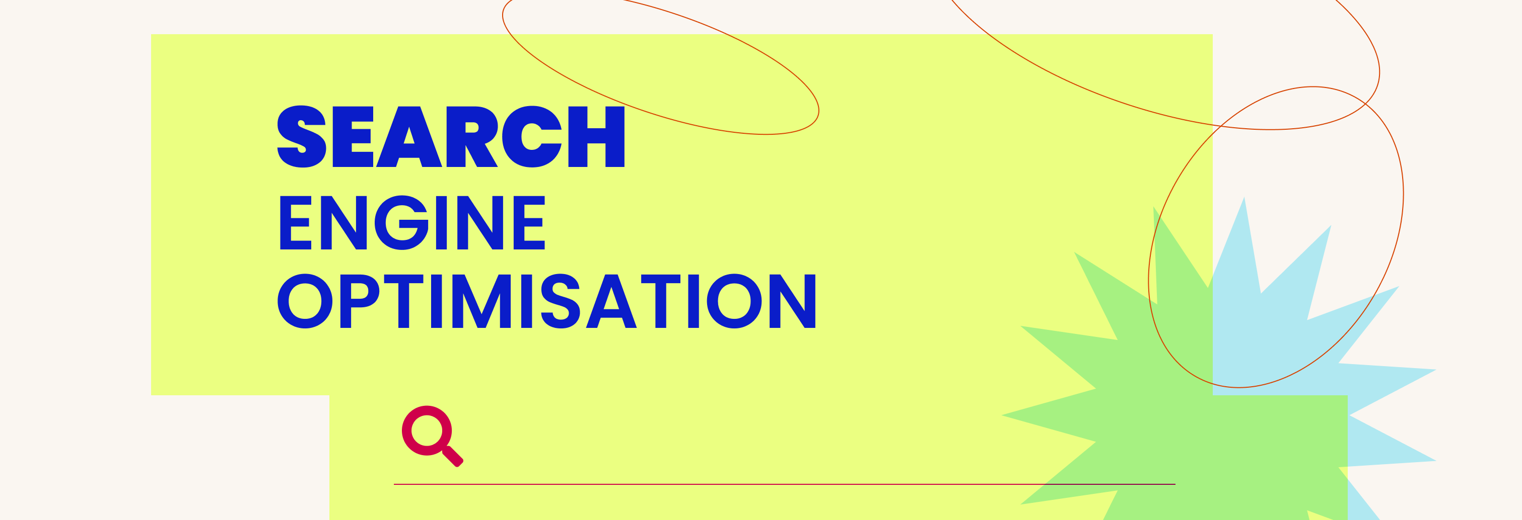 Illustrations of a magnifying glass, starburst and scribbles, with text displaying "search engine optimisation" overlayed