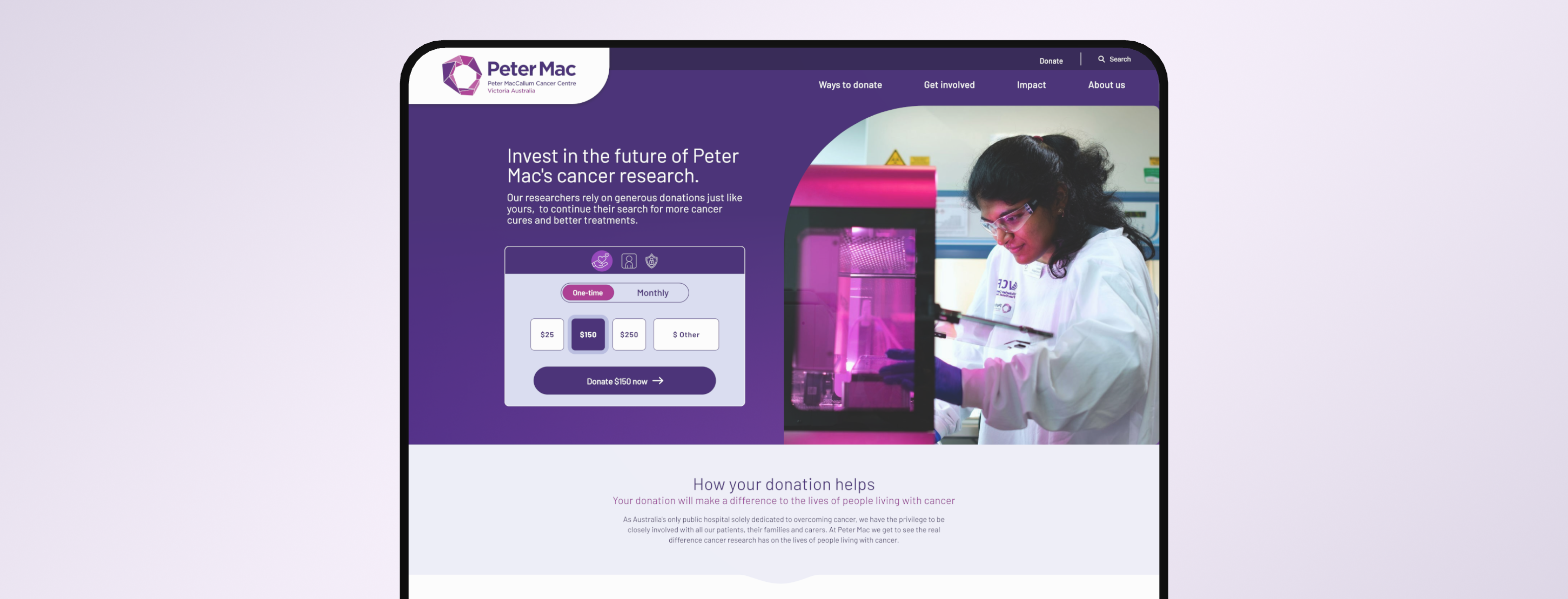 Peter Mac homepage displayed on a desktop