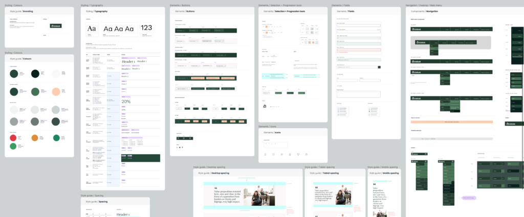 Figma artboard layout of the UI kit for Codus website design