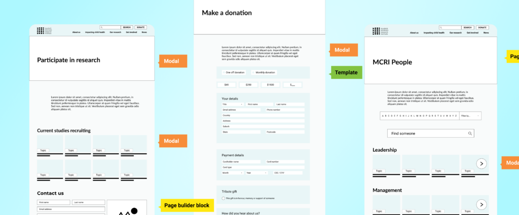 Example wireframes from the website planning phase of the project