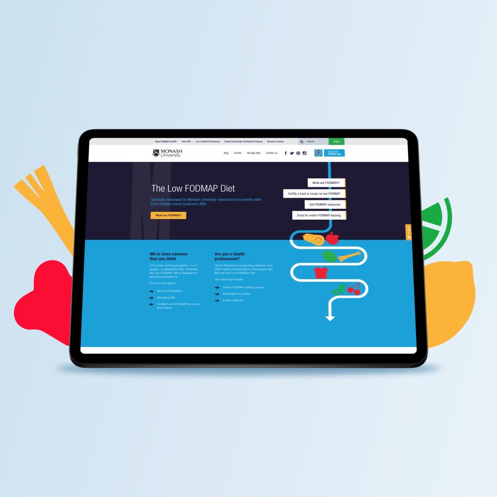Monash Fodmap website — homepage example on a tablet