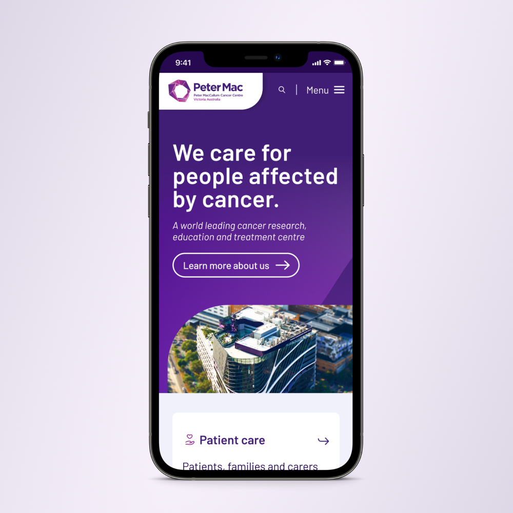 Peter Mac homepage displayed on a mobile phone