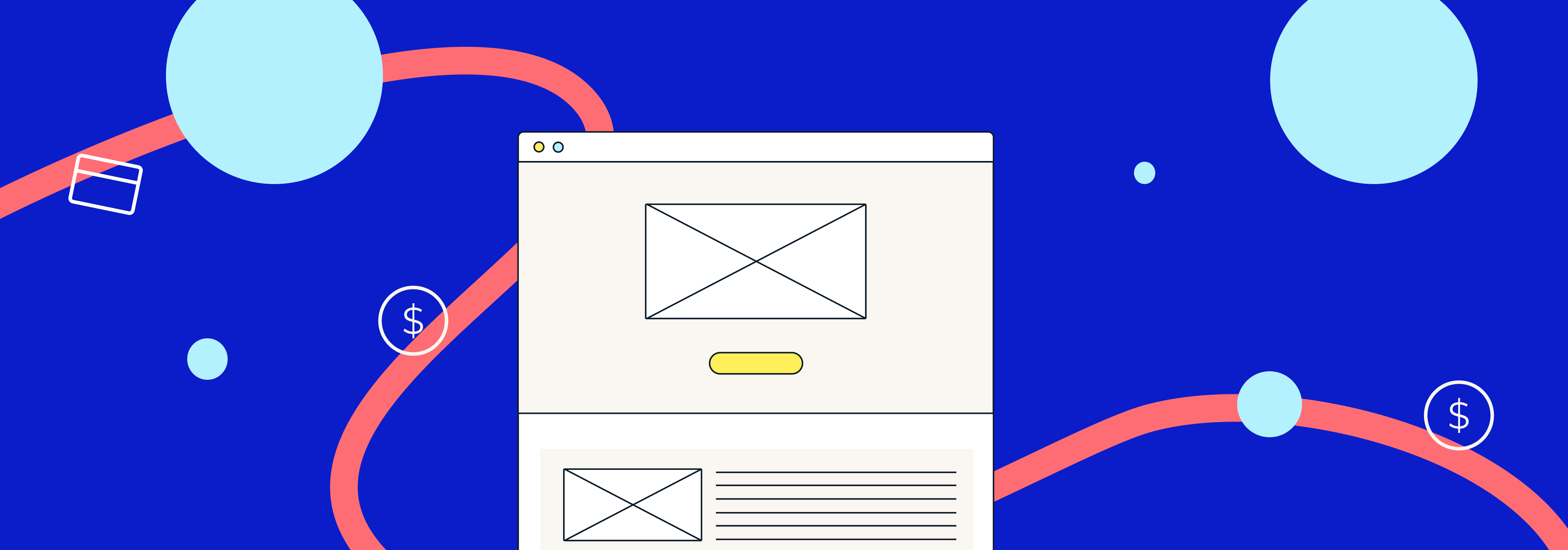 Wireframe of a website, with dark blue background, and shapes and money doodles floating around
