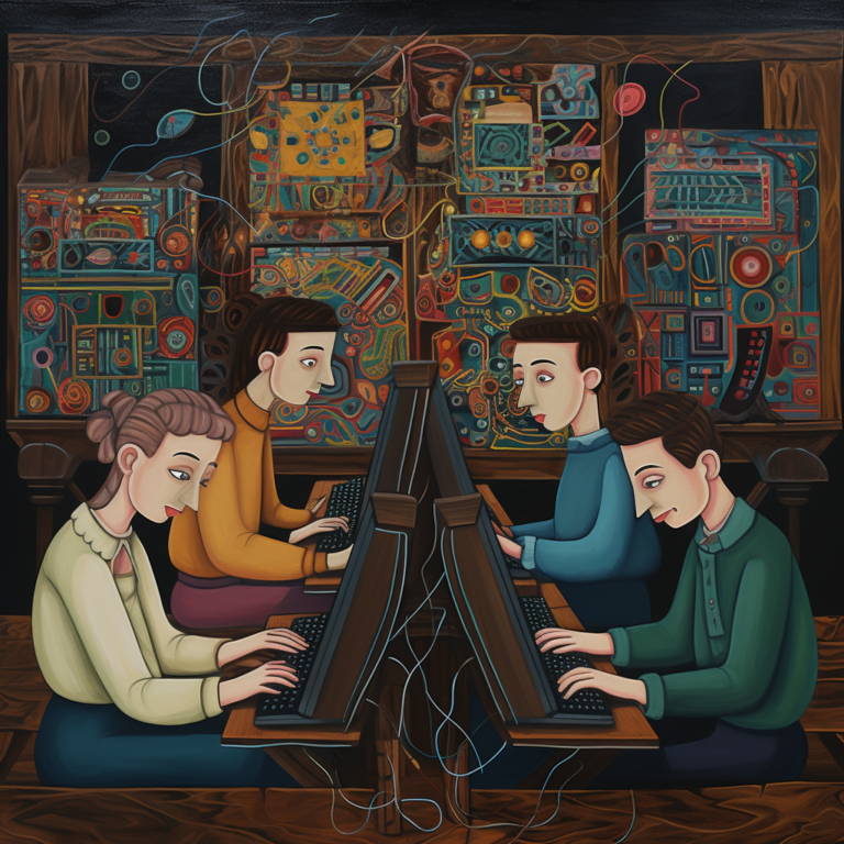happy people working on computer together