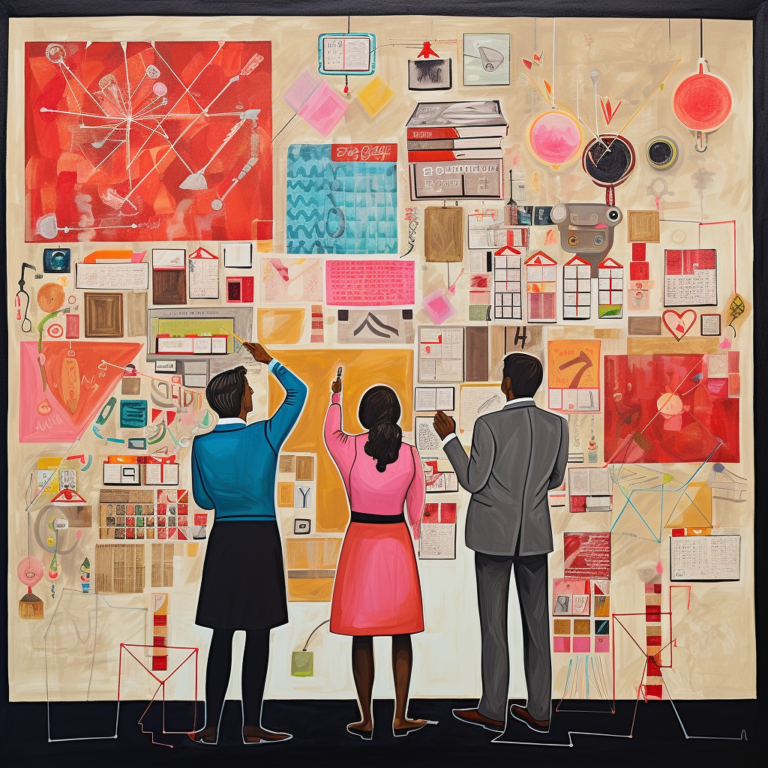 Folk Art , people working together, looking at website, sticky notes on board