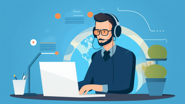 modern illustration of website support person, wearing head set, using a computer