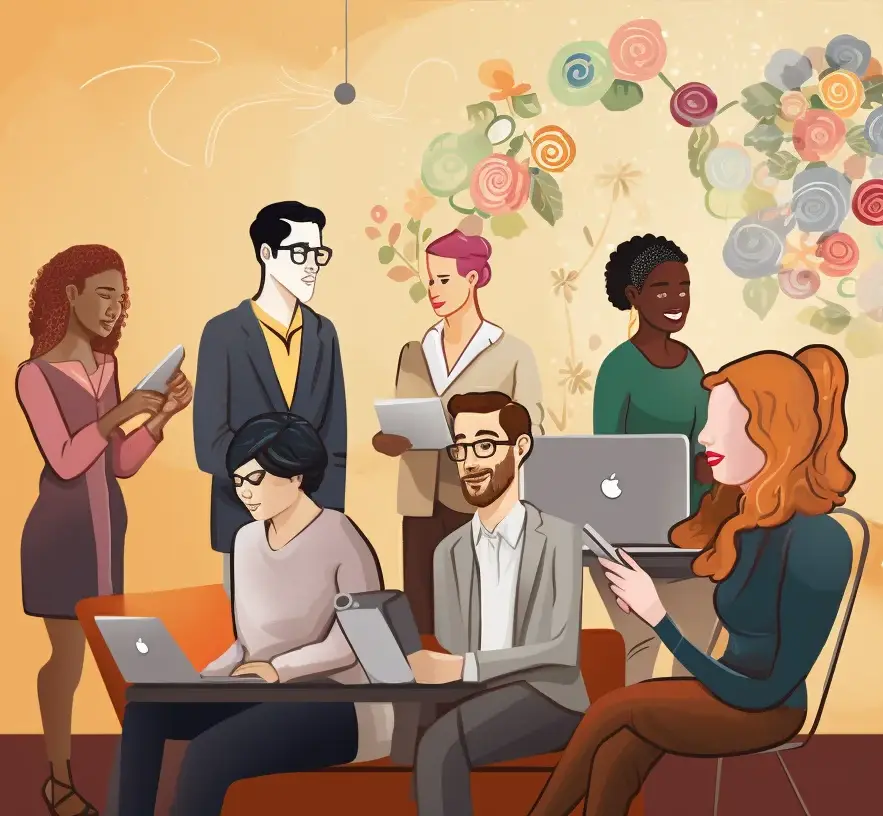 Folk Art of people talking and looking at computer square